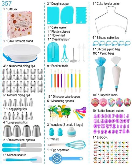 Nifogo; 356 PCS Cake Decorating Supplies Kit Tools , Nifogo Baking Accessories with Cake Turntable, Pastry Piping Bag, Piping Icing Tips for Beginners or Professional (Blue)); Category:Cake Decorating Tools; Image:1